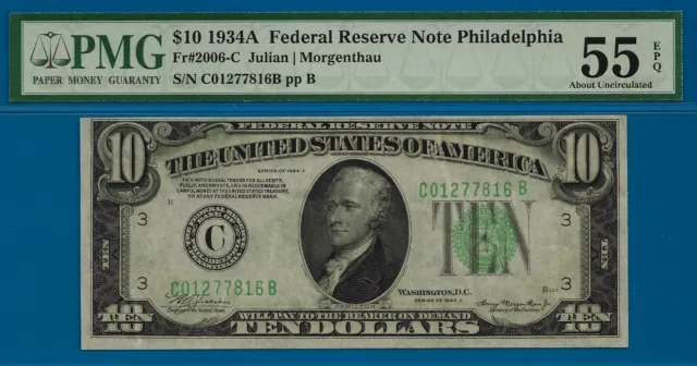 1934-A $10 Federal Reserve Note Philadelphia PMG 55EPQ C01277816B