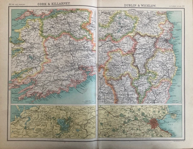 Original Antique 1902 Map/Ireland/Dublin/Cork/Bartholomew/Print