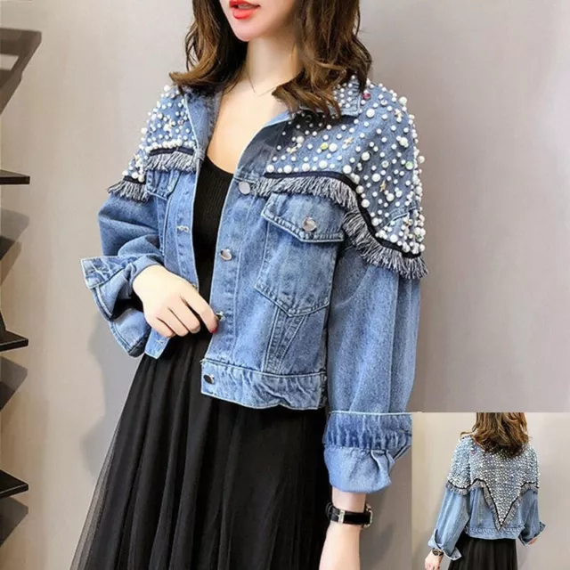 Donna Jeans Cappotto Giacca Strass Perline Nappa Manica Lunga Larga Blu