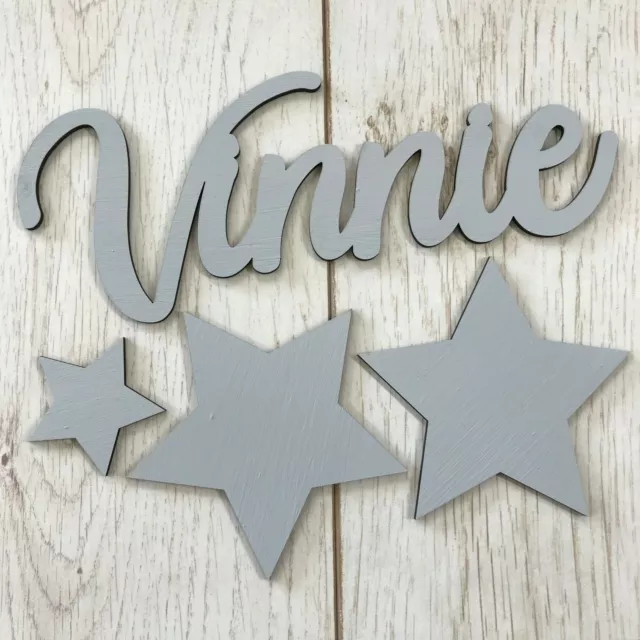 TOY BOX NAME SET - Any colour & name Personalised wooden script name & 3 stars 2