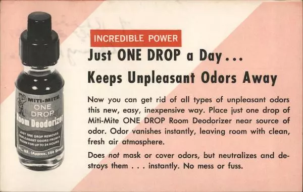 Advertising Miti-Mite One Drop Room Deodorizer Chrome Postcard Vintage Post Card