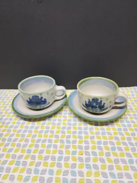 2 MA Hadley Pottery Stoneware Blueberry Bouquet Blue & Green Tea Cup & Saucer