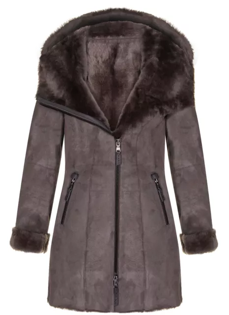 Ladies Taupe Hooded Suede Shearling Sheepskin Coat Spanish Merino Brown Coat