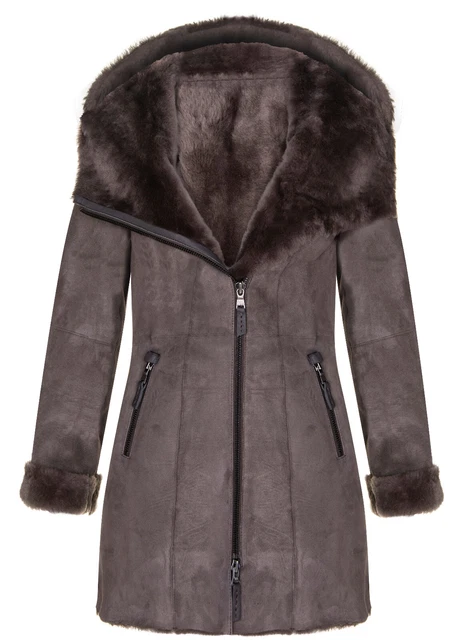 Ladies Taupe Hooded Suede Shearling Sheepskin Coat Spanish Merino Brown Coat Ladies Taupe Hooded Suede Shearling Sheepskin Coat Spanish Merino Brown Coat