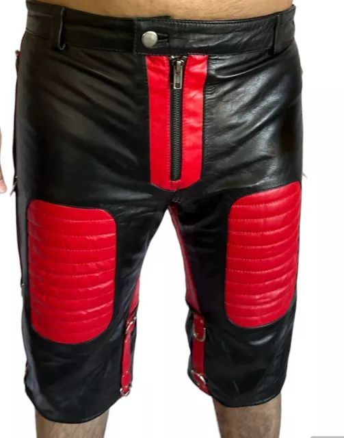 SEXY MENS 100% GENUINE Cow LEATHER BLACK & RED PADDED SHORTS CLUBWEAR
