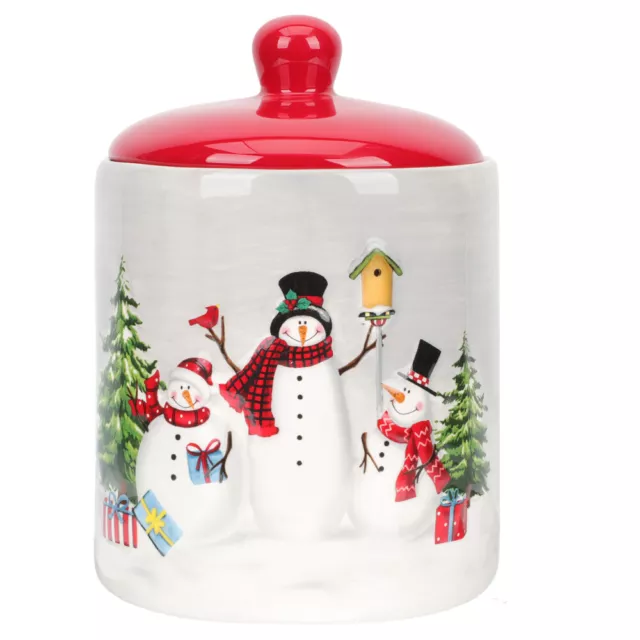 Farmhouse Ceramic Christmas Cookie Jar with Snowman Lid-EM