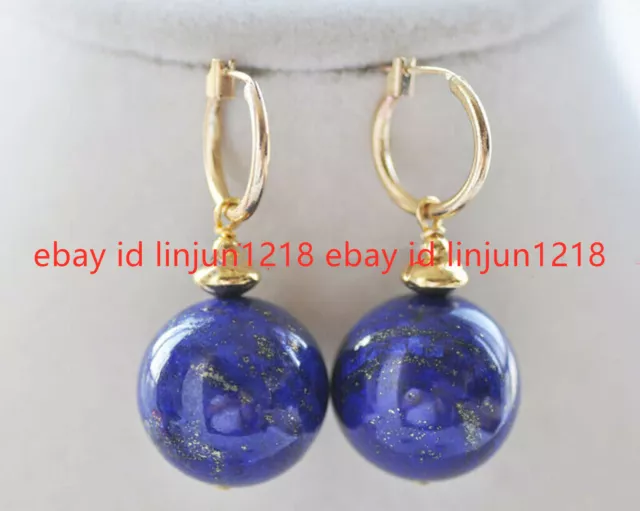 Natural Blue Lapis Lazuli Round Gemstone Beads Dangle Gold Leverback Earrings