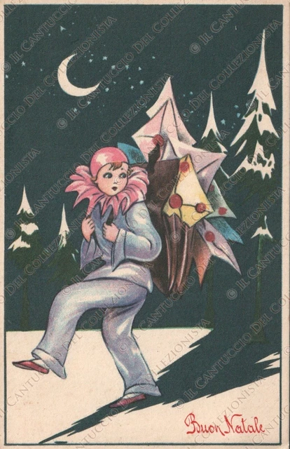 1932 Buon Natale bambino con borsa piena di lettere Cartolina