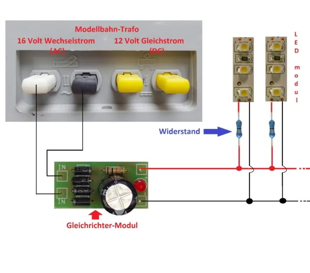 Beleuchtung Set (40X25mm Led modul+Gleichrichter-Modul+Widerstände+Kabel) -E915+