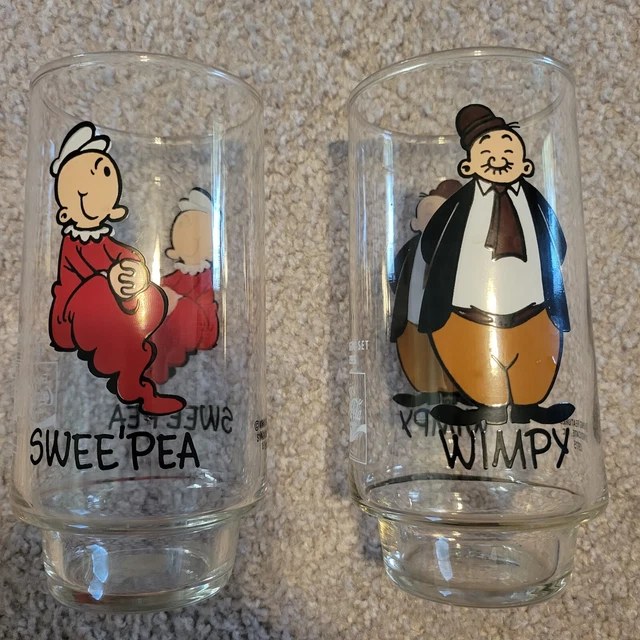 2 VTG 1975 Coca Cola Kollect-A-Set Popeye Glass Tumbler 6" Wimpy and Sweet Pea
