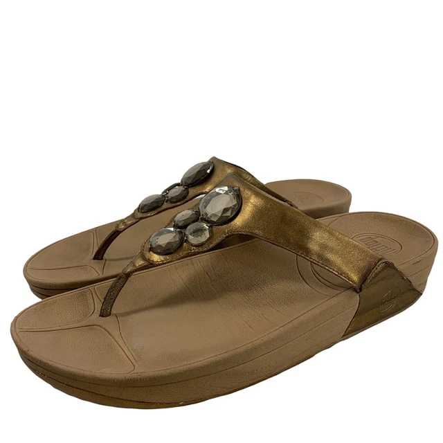 FITFLOP Metallic Flip Flops 10 Sandals Slides Thong Brown Rhinestone Gold 42