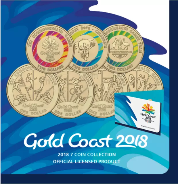 2018 XXI Commonwealth Games 7 Coin Collection $1 One + $2 Two Dollar Coins UNC