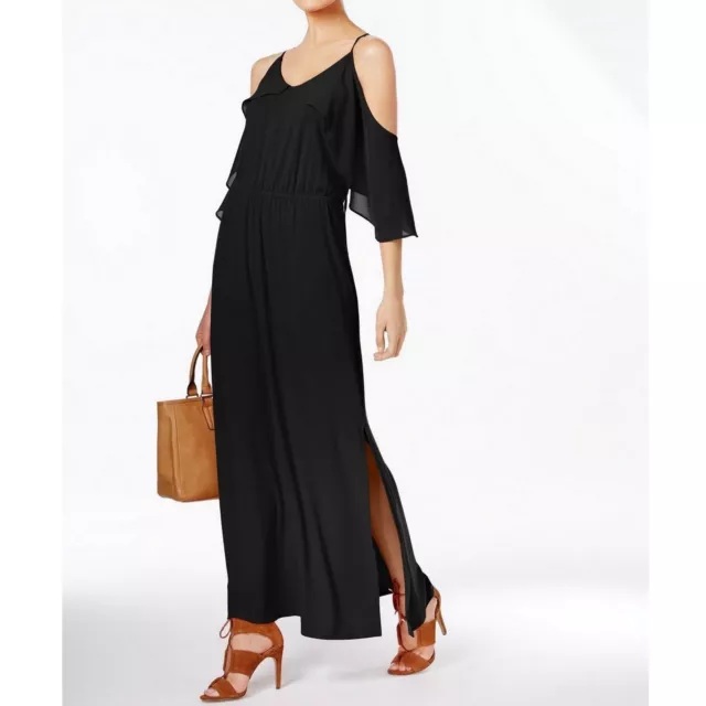 NY Collection Womens Chiffon Ruffle Cold Shoulder Maxi Long Dress Black $70