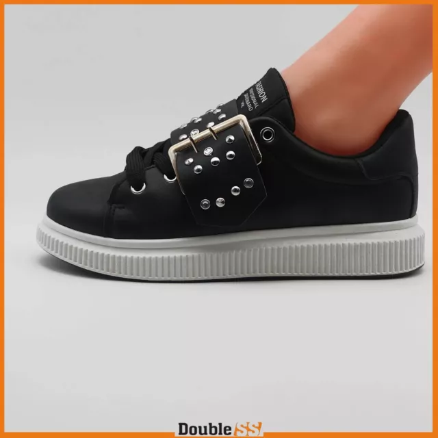 Scarpe da Donna Sportive Sneakers Ginnastica con Borchie Fibbia Eleganti Nero 39