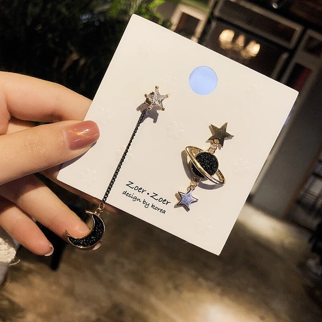 Fashion Gold Plated Asymmetric Star Moon Planet Drop Earrings Women Girl Jewelry