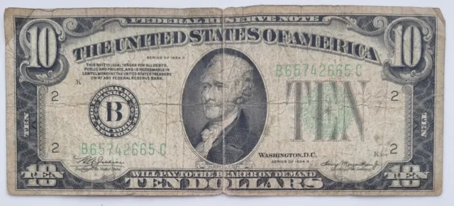 1934 A Ten Dollar Federal Reserve Note $10 Bill Circulated #65558