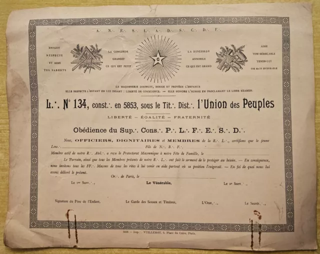 Diplôme Franc-Maçonnerie "L'Union des Peuples" Protectorat Parrainage Enfant