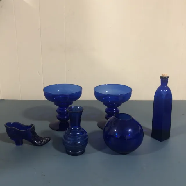 Collectable Cobalt Blue 6 Piece Assorted Glass - Medicine, Shoe, Base, Wine