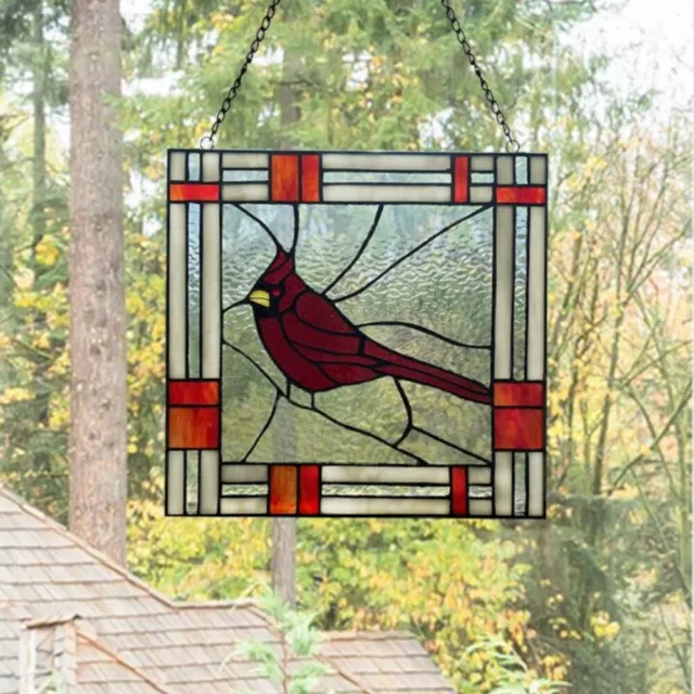 Red Cardinal Stained Glass Window Panel Suncatcher 75 Handcut Pieces 11in x11in