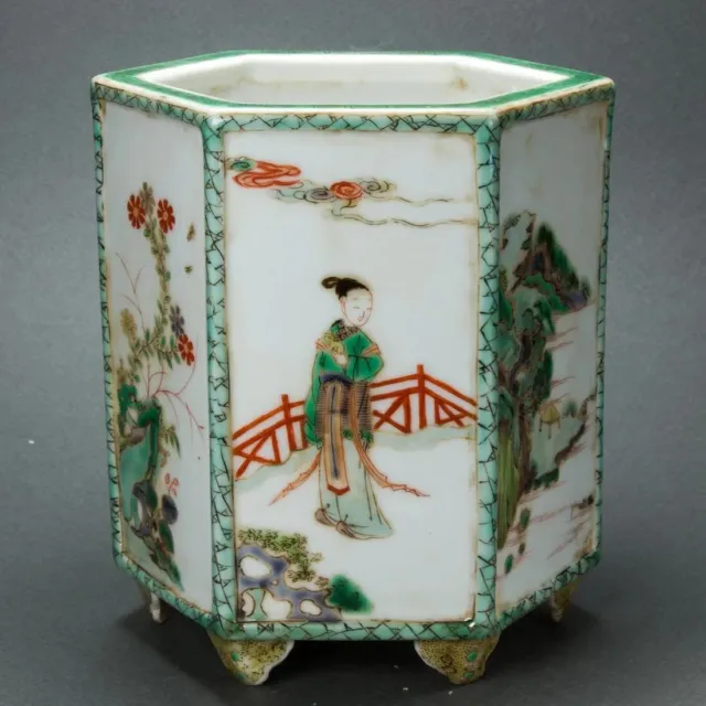 Chinese famille verte hexagonal porcelain brush pot