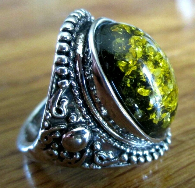 Bague En Argent Avec Cabochon D'ambre - Taille 52 - Occasion - Bijou Vintage