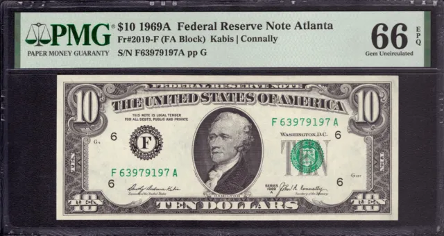 1969 A $10 Federal Reserve Note Atlanta Fr.2019-F Fa Block Pmg Gem Unc 66 Epq