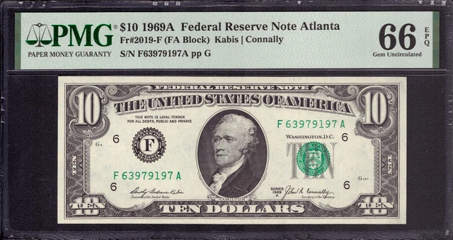 1969 A $10 Federal Reserve Note Atlanta Fr.2019-F Fa Block Pmg Gem Unc 66 Epq