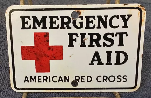 ORIGINAL vintage EMERGENCY FIRST AID old Gas Service Station pump PORCELAIN SIGN