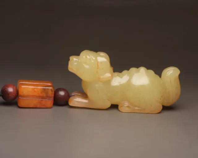 Chinese Natural Hetian Jade Hand Carved Cute Dog Statue Collection Nice Figurine