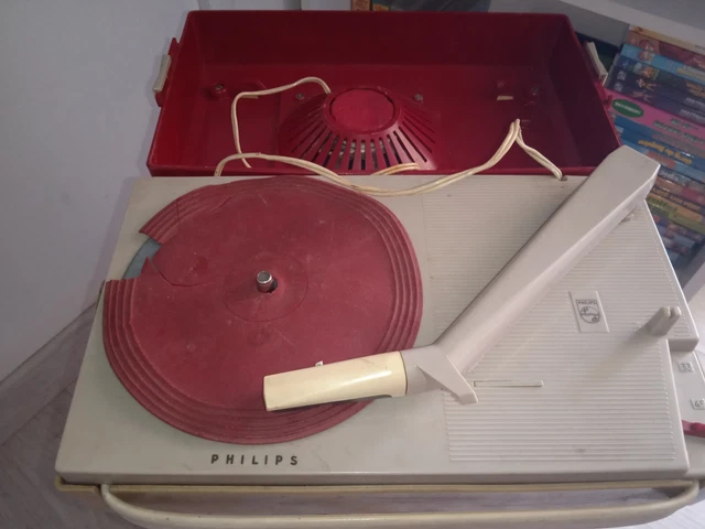 TOURNE DISQUE VINTAGE PHILIPS portable Blanc sur piles ou secteur pour