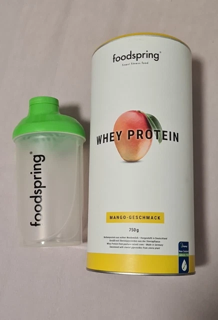 Foodspring Shaker & Whey Protein Eiweißpulver Mango Geschmack 750g