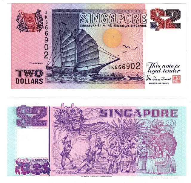 1992 SINGAPORE 2 Dollars Banknote  P28 UNC Ship Series Prefix JK