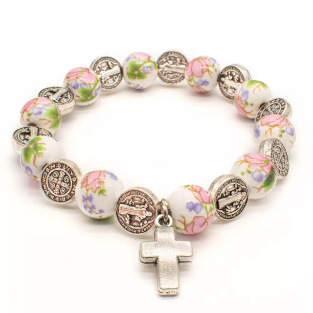 Cute Flower Ceramic Beads Cross Pendant Saint St Benedict Medal Stretch Bracelet