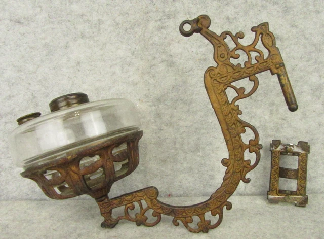 Antique Victorian Cast Iron Swing Arm Wall Mount Bracket and Glass Kerosene Font