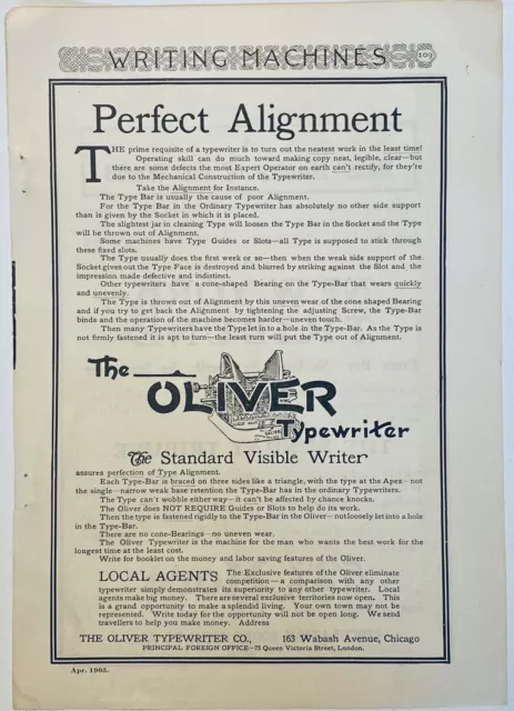 1905 OLIVER TYPEWRITER Vintage Antique Printed Ad 8x5" Century Magazine