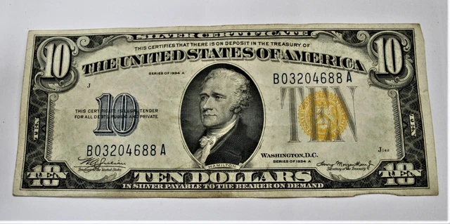 1934 Ten Dollar Gold Seal Silver Certificate! Serial#B 00795993 A! Vf Condition! 3
