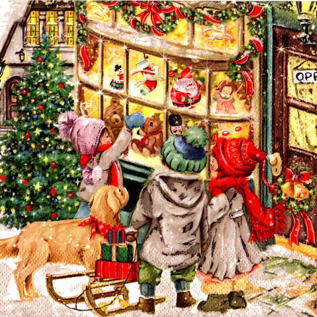 Serviettes en papier Noël enfants magasin de jouets. Napkins Christmas shop kids
