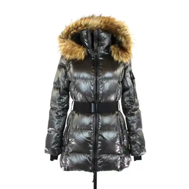S13 SAM Down Belted Puffer Jacket Faux Fur Trim Hooded Women’s XS Parka Coat