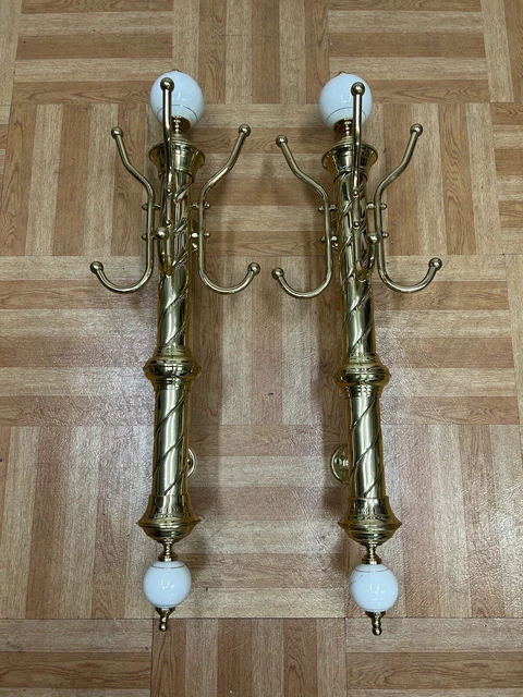 Vintage WALL MOUNT BRASS COAT RACK PAIR hat hall hanger hook set gold porcelain