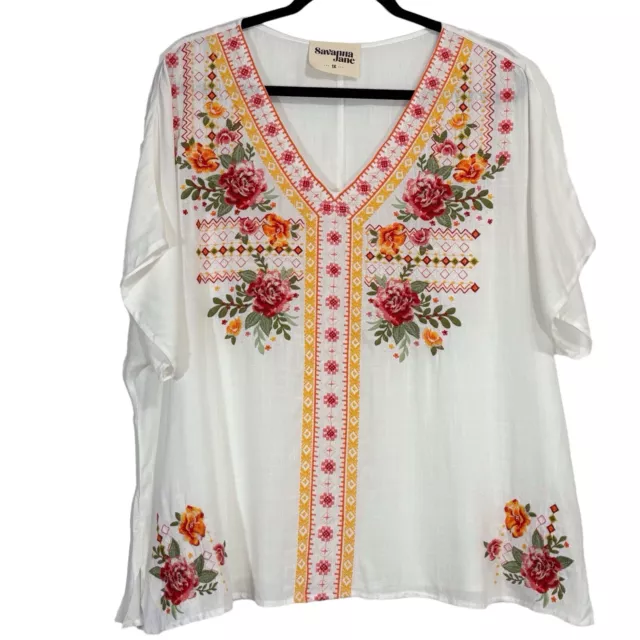 Savanna Jane Tunic Top Womens Plus 1X White Colorful Floral Embroidered