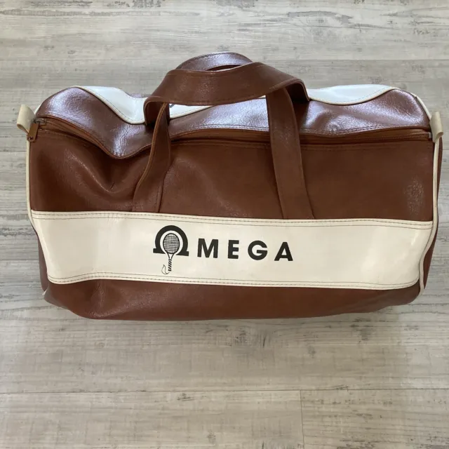 Rare VTG Omega Tennis Racket Racquetball Duffle Bag Briefcase Brown & White EUC