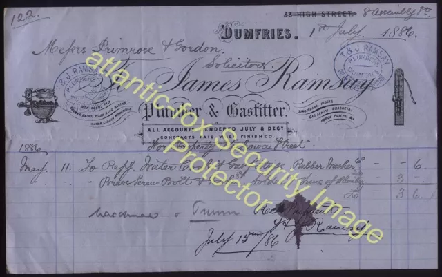 1886 DUMFRIES Plumber & Gasfitter illustrated Billhead JAMES RAMSAY 33 High St