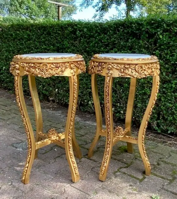 Pair of French Louis XVI Side Tables in Gold Beech with White Italian Marble Top