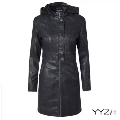 Womens PU Leather Trench Coat Motorcycle Long Overcoat Lady Zipper Hooded Jacket 3