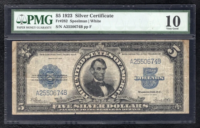 Fr. 282 1923 $5 Five Dollars “Porthole” Silver Certificate Note Pmg Very Good-10