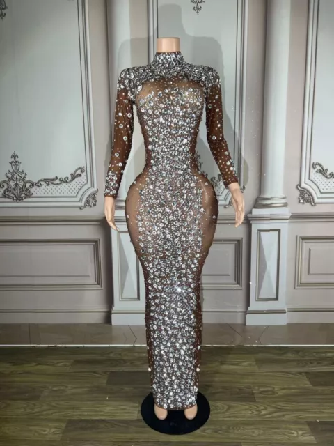 Sparkly Silver Rhinestone Transparent Long Dress Evening Birthday Dancer Dress