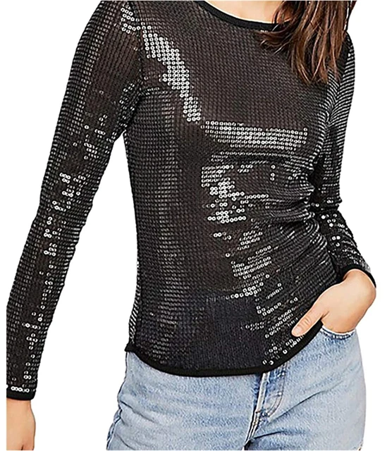 Free People Womens Diamond Eyes Pullover Blouse, Black, X-Small