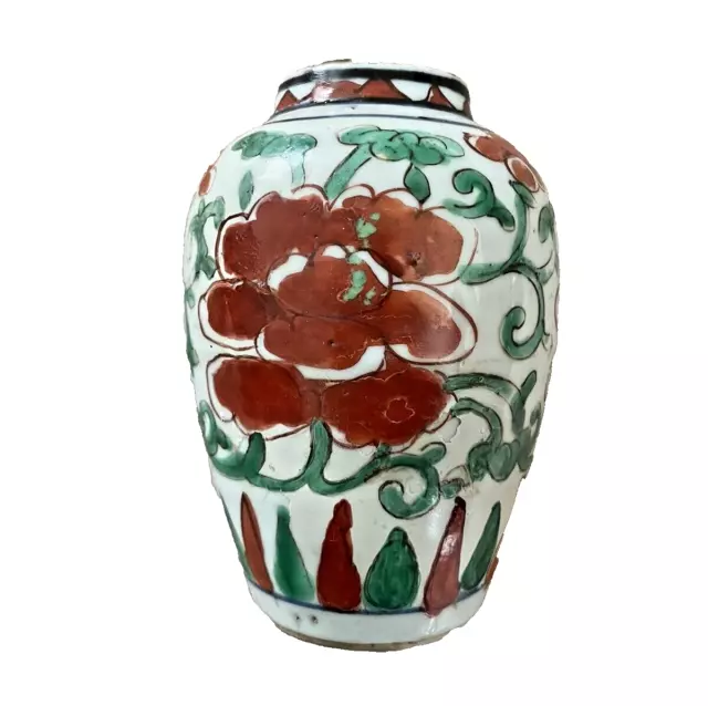 Nice Chinese 17Th Century Jar - Vase Painted With Bright Red Flowers - Qianlong