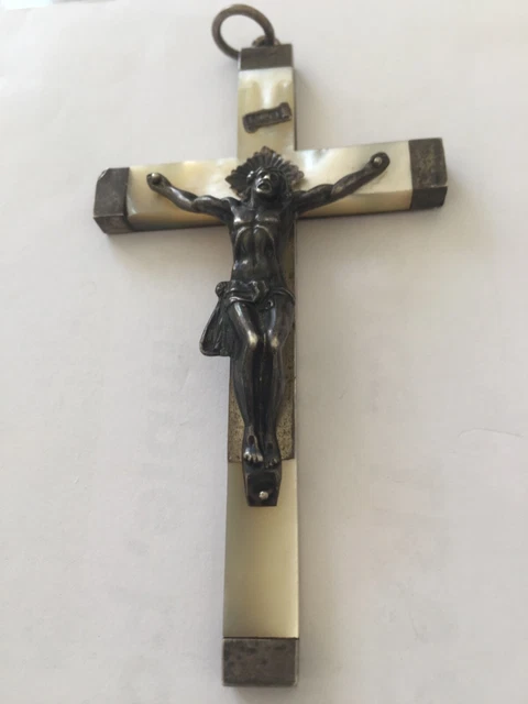 Croix Ancienne Nacre et Argent 6 cm Mother of Pearl Victorian XIXe Cross n°2