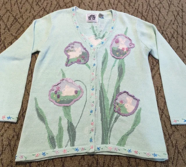 Storybook Knits Women's Med Blooming Bunnies Button Up Sweater Easter Spring